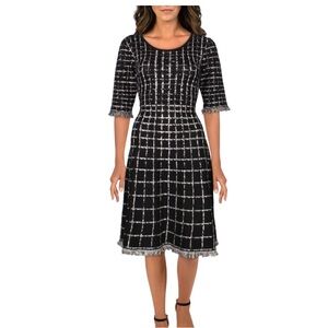 Black and White Fringe Elbow Sleeve Fit and Flare Sweater Midi Dress Size XL